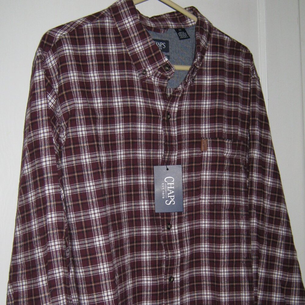 Chaps Brushed Flannel Shirt Mens 2XL Burgundy Plaid Long Sleeve Pocket NWT